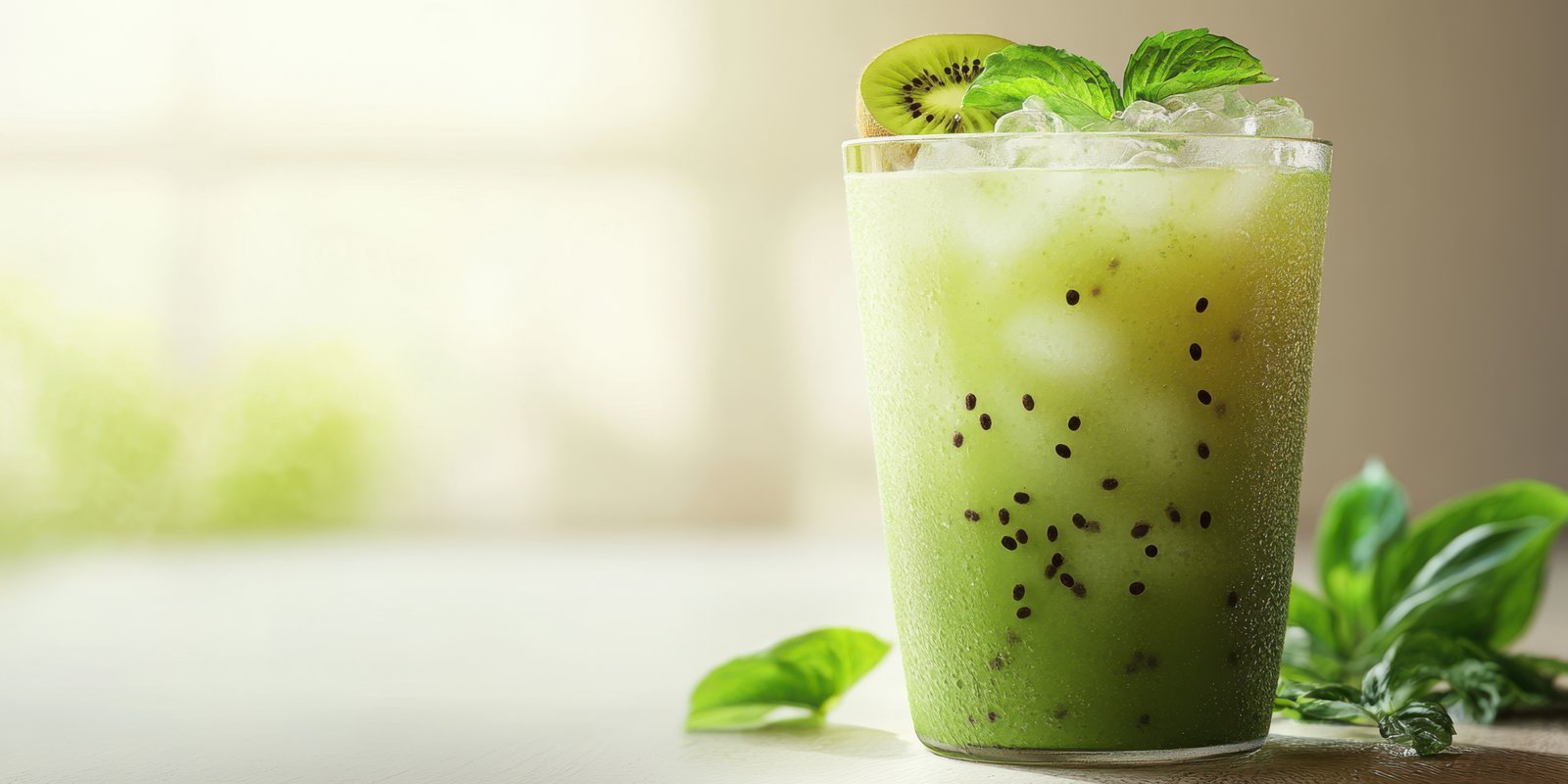 Refreshing kiwi mint beverage served in a tall glass with ice and garnish in a bright indoor setting